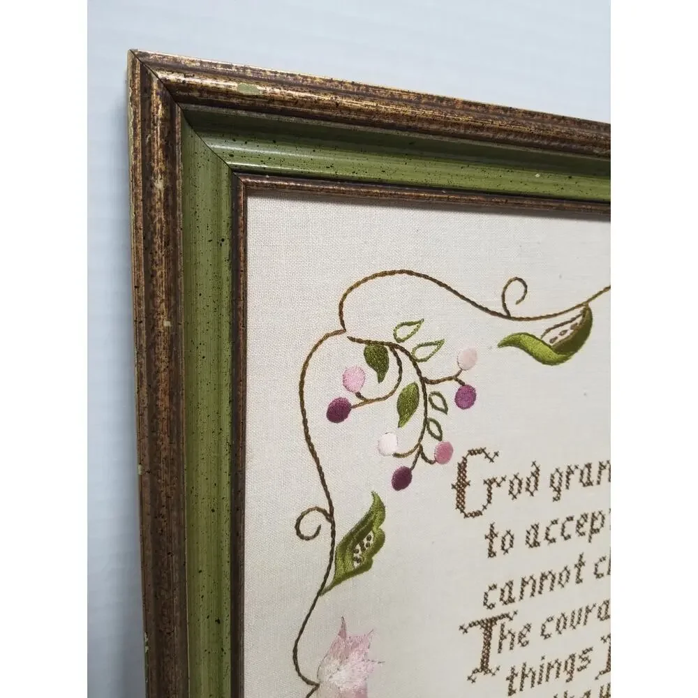 Vintage 18x20 Framed Handmade God Grant Serenity Cross Stitch Embroidery Floral